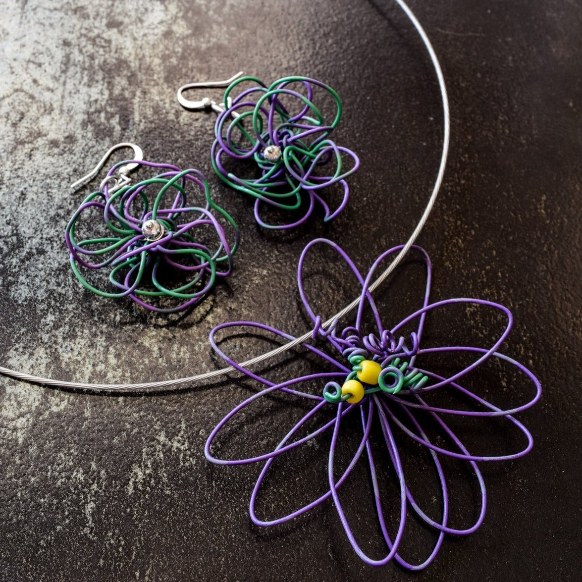 Blooms, Spring Mums Violet and Green Dangle Earrings