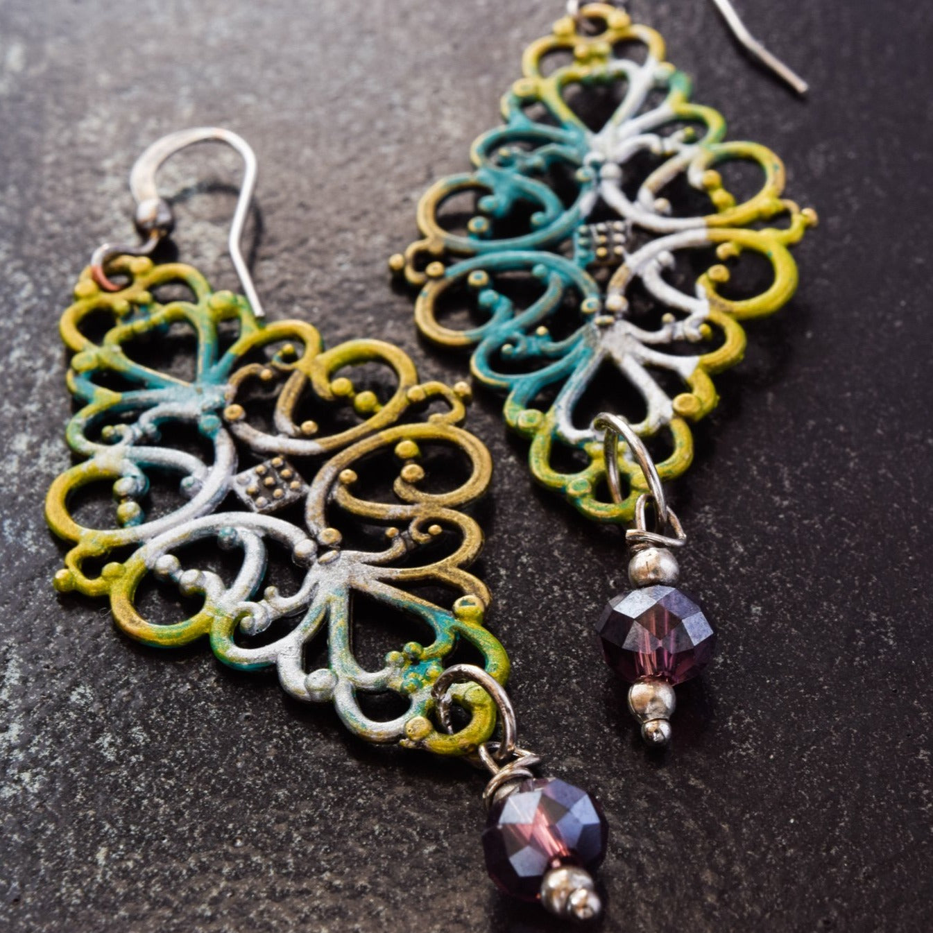 Filigree, Diamond Shaped Dangle Earrings with Lavender Crystal