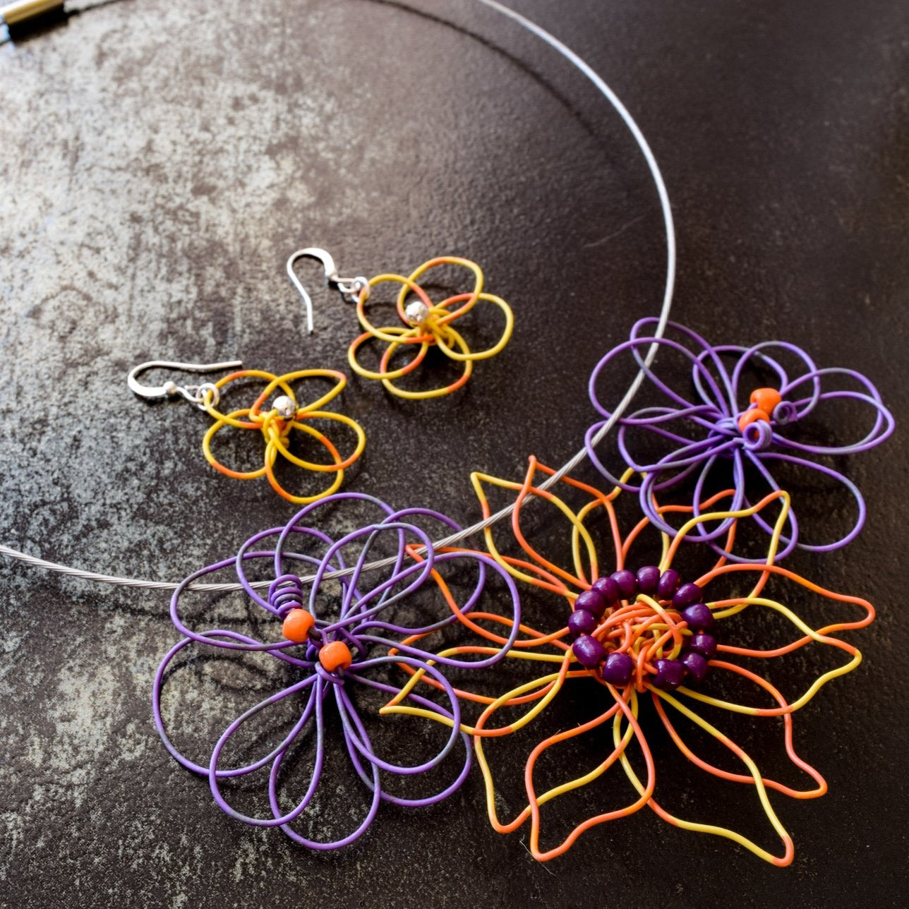 Blooms, Summer Bouquet of Three Violet/Green, and Yellow/Orange Flowers, Necklace