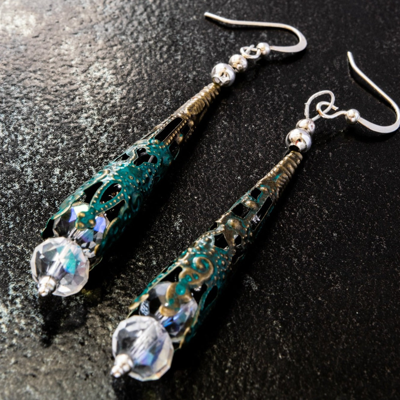 Filigree, Floral Bud Water Droplets Dangle Earrings