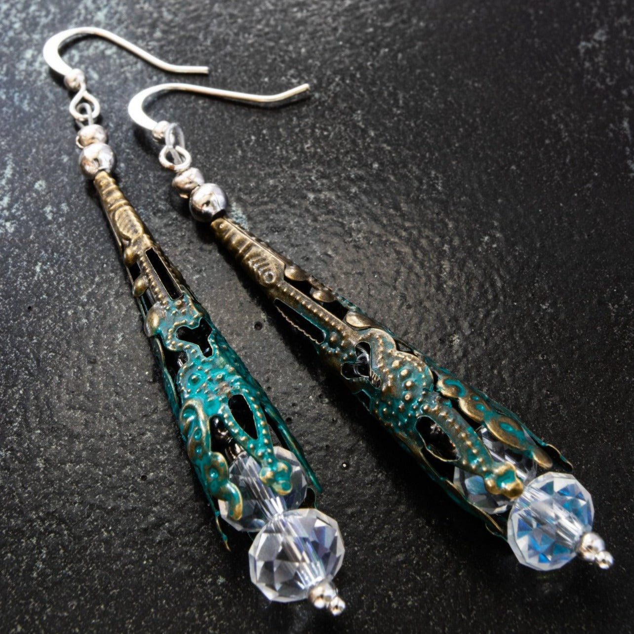 Filigree, Floral Bud Water Droplets Dangle Earrings