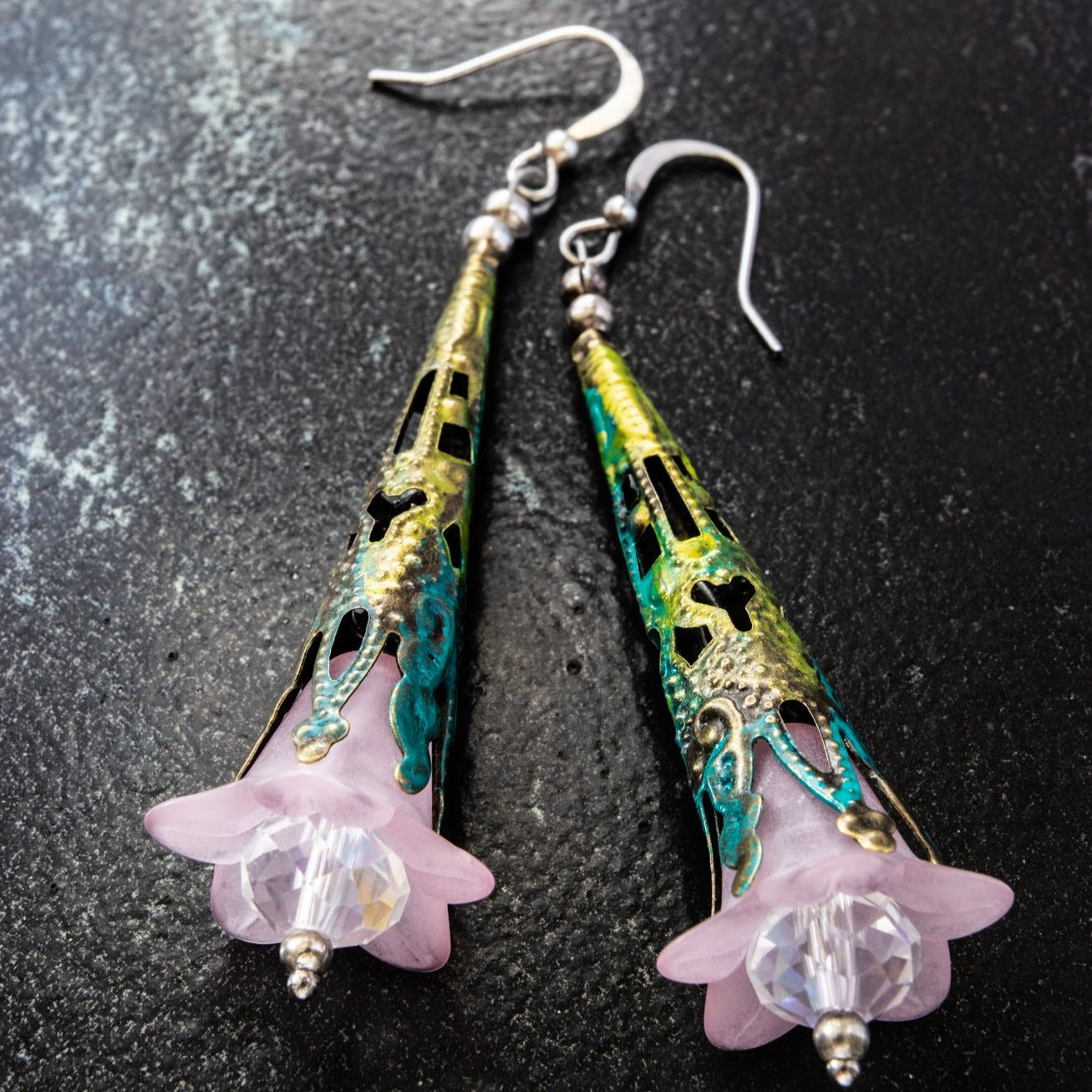 Filigreed dangle pink bell earrings