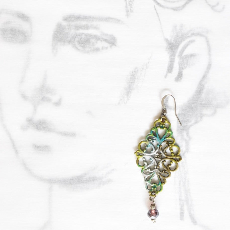 Filigree, Diamond Shaped Dangle Earrings with Lavender Crystal