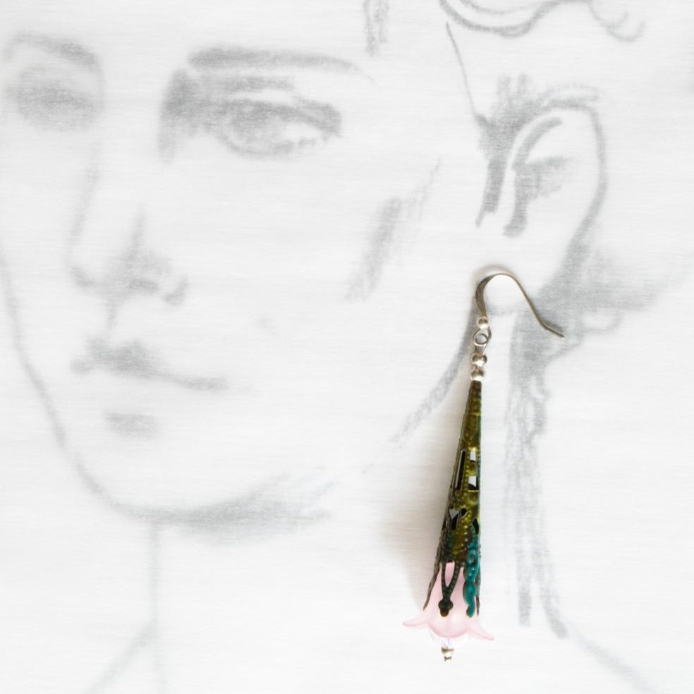 Filigreed dangle pink bell earrings