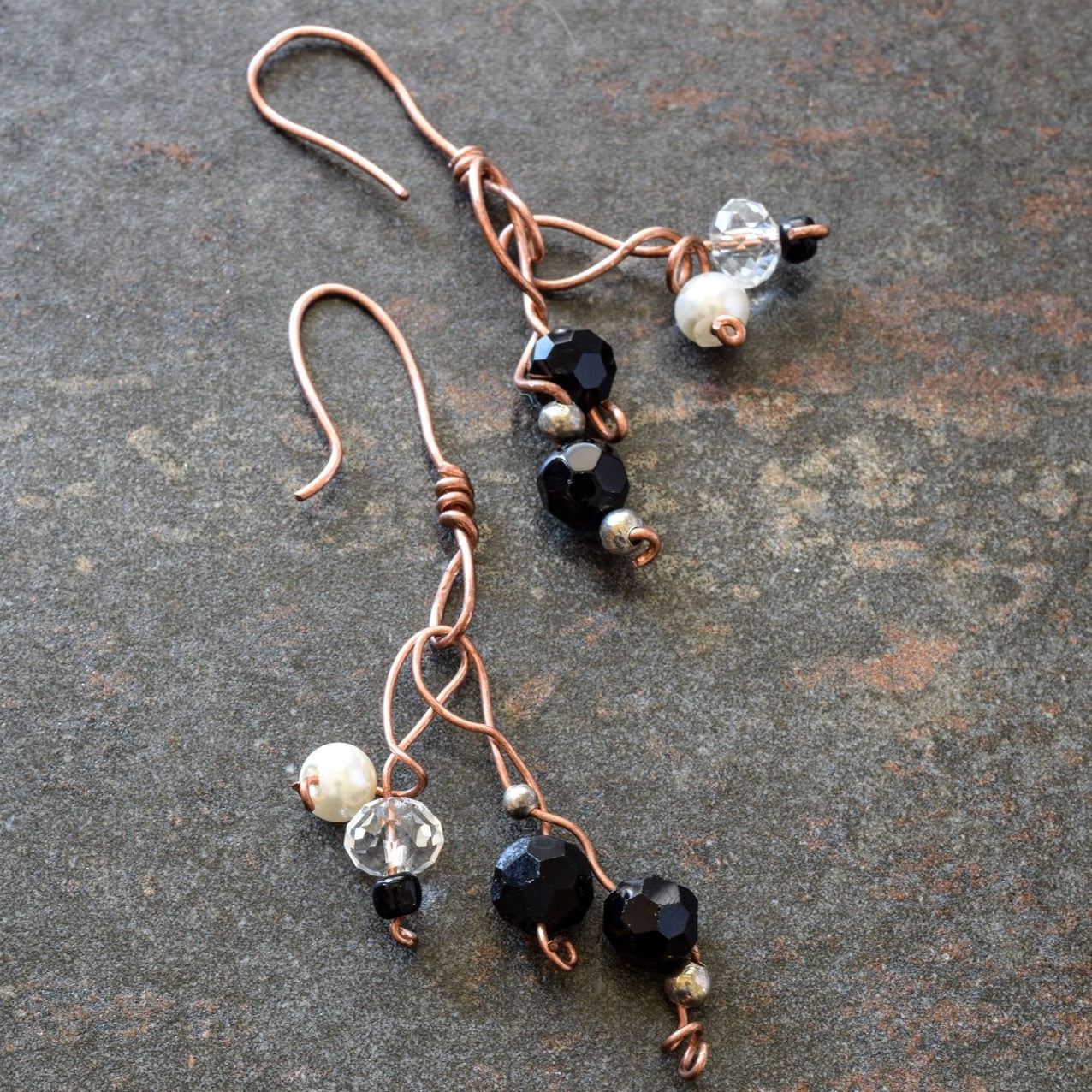 Branches, Copper Dangle Earrings with Semi-Precious Stones and Vintage Beads