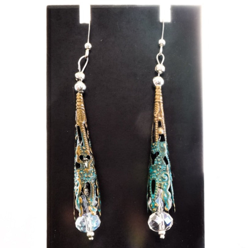 Filigree, Floral Bud Water Droplets Dangle Earrings