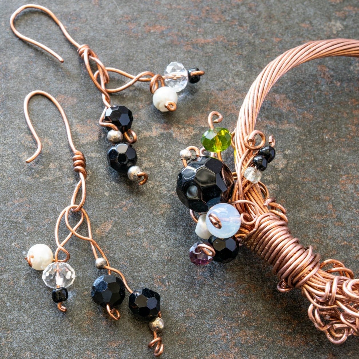 Branches, Copper Dangle Earrings with Semi-Precious Stones and Vintage Beads