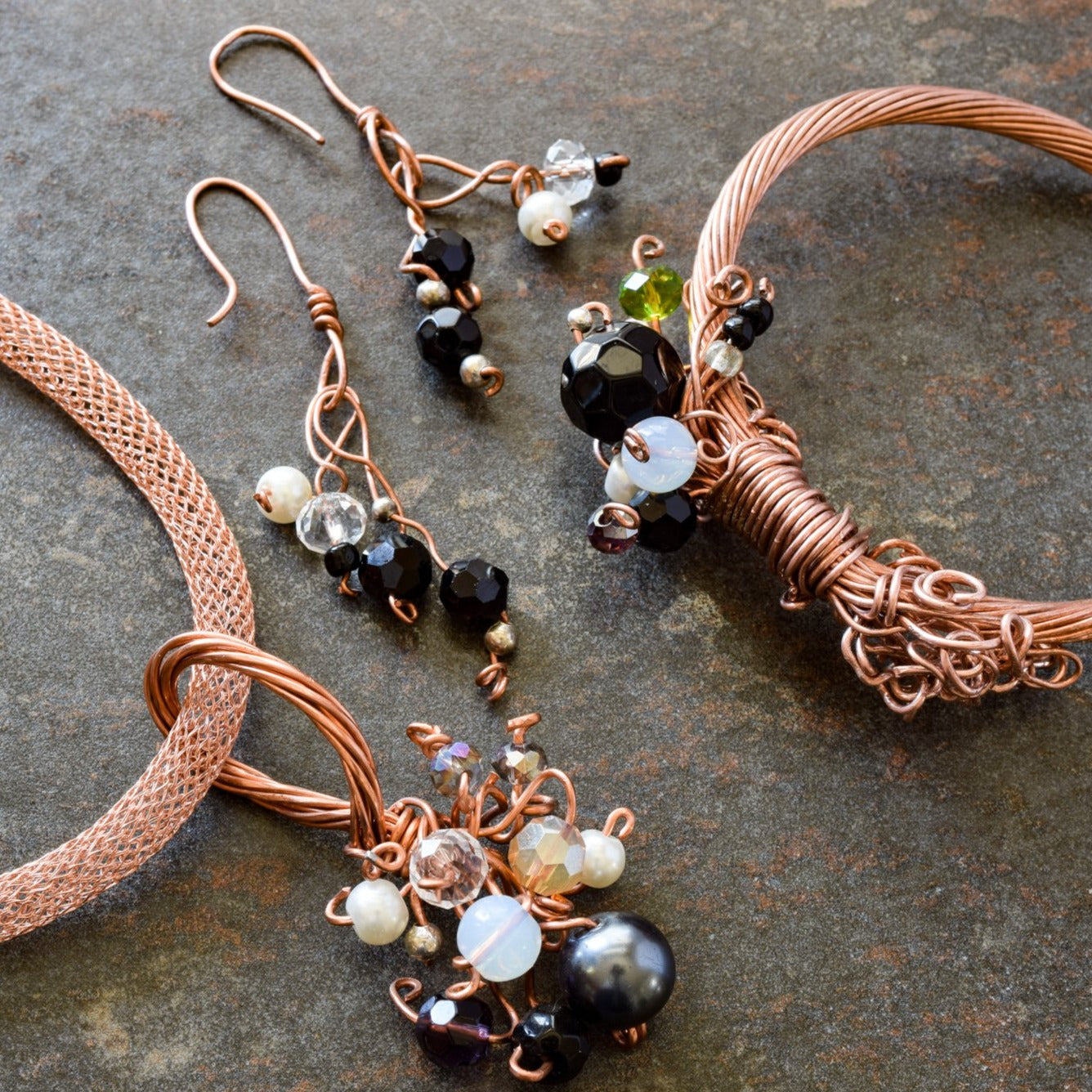 Branches, Copper Dangle Earrings with Semi-Precious Stones and Vintage Beads