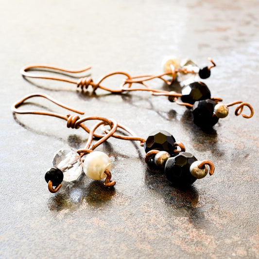 Branches, Copper Dangle Earrings with Semi-Precious Stones and Vintage Beads