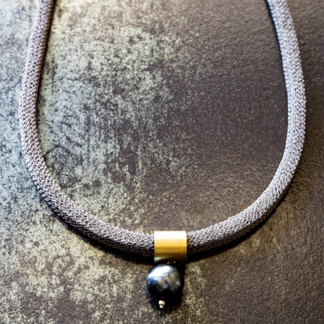 Deep Ocean, Steel Mesh Necklace with Dark Gray Glass Pearl