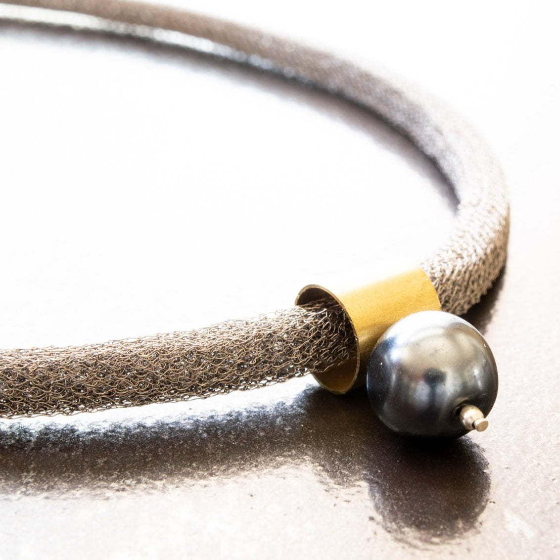 Deep Ocean, Steel Mesh Necklace with Dark Gray Glass Pearl