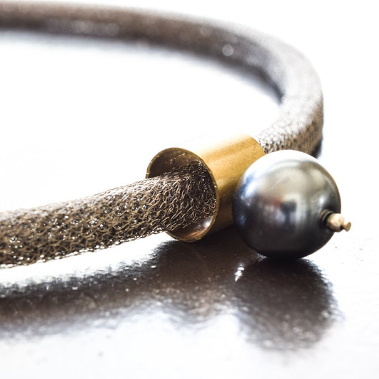 Deep Ocean, Steel Mesh Necklace with Dark Gray Glass Pearl