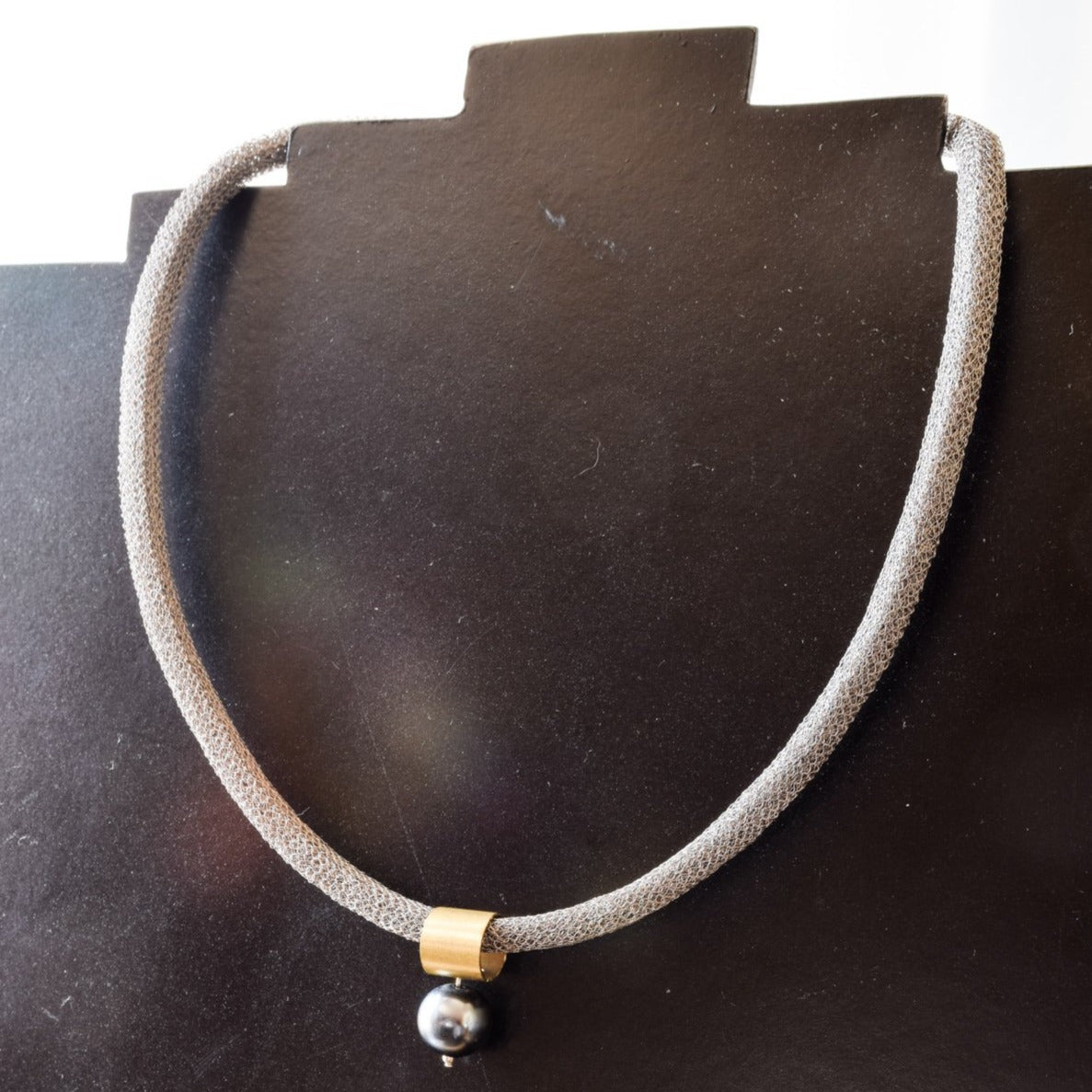 Deep Ocean, Steel Mesh Necklace with Dark Gray Glass Pearl