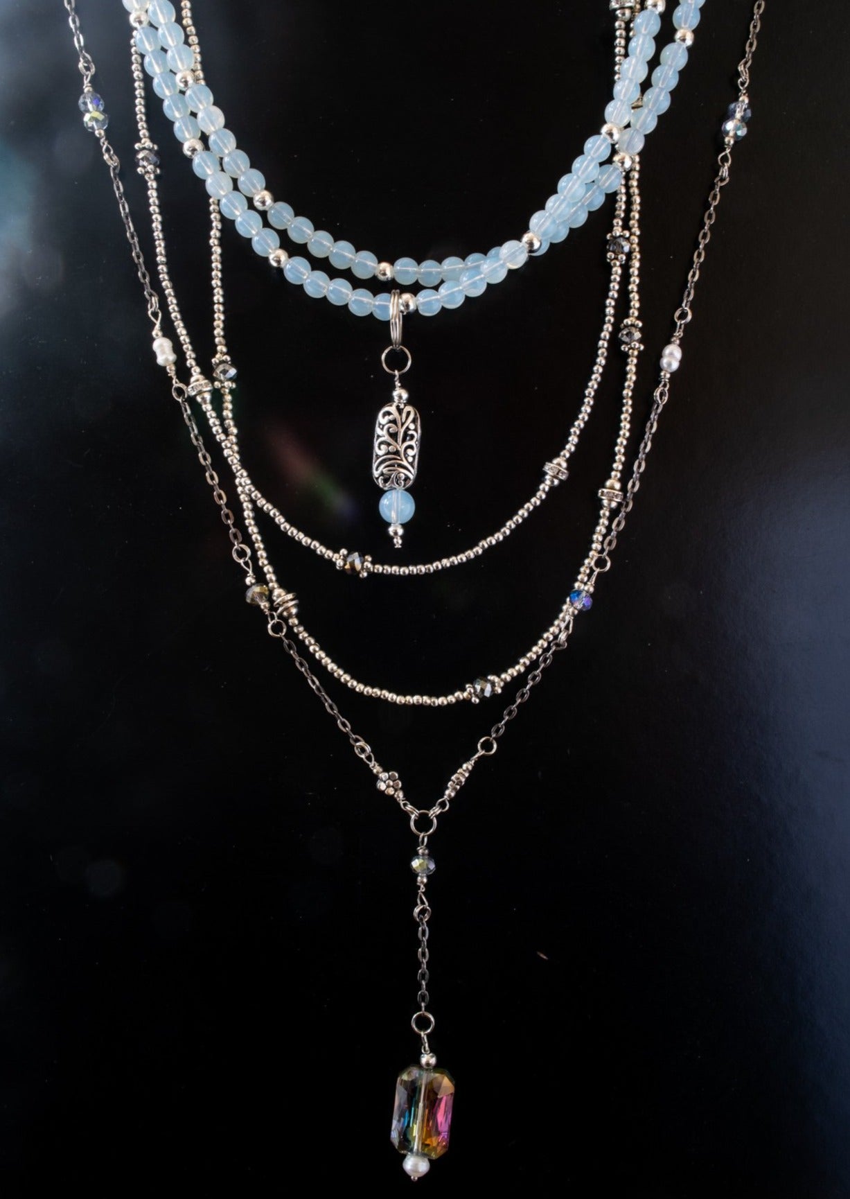 Expressions in Blue, Gunmetal Chain Necklace, with Emerald Cut Crystal Pendant