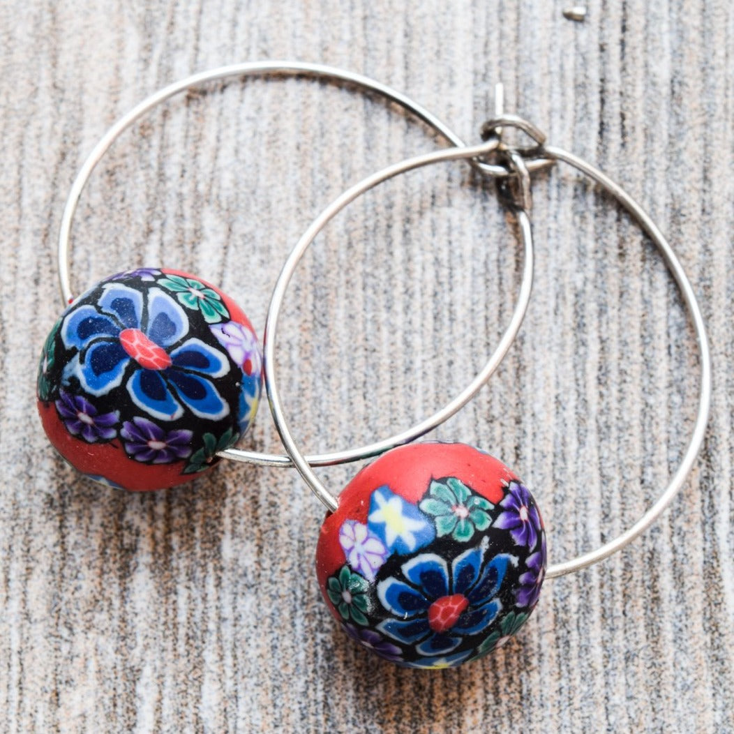 Little Treats, Flowers Silver Hoop Earrings with Red & Blue Flowers on Polymer Clay Beads