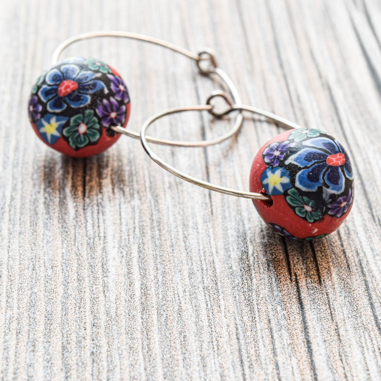 Little Treats, Flowers Silver Hoop Earrings with Red & Blue Flowers on Polymer Clay Beads