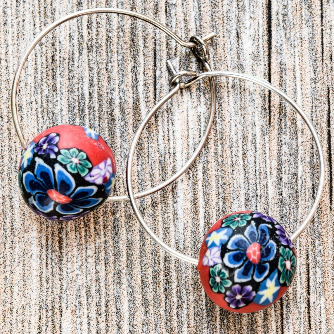 Little Treats, Flowers Silver Hoop Earrings with Red & Blue Flowers on Polymer Clay Beads