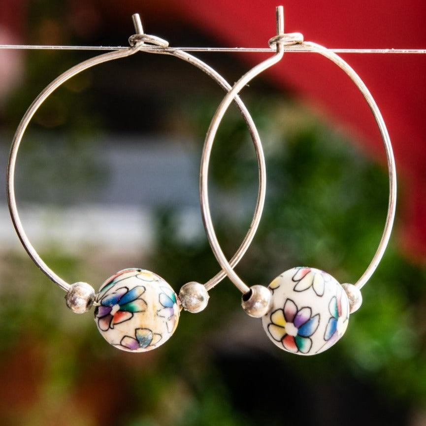 Little Treats, Flowers Silver Hoop Earrings with Little Colored Painted Flowers on White Polymer Clay