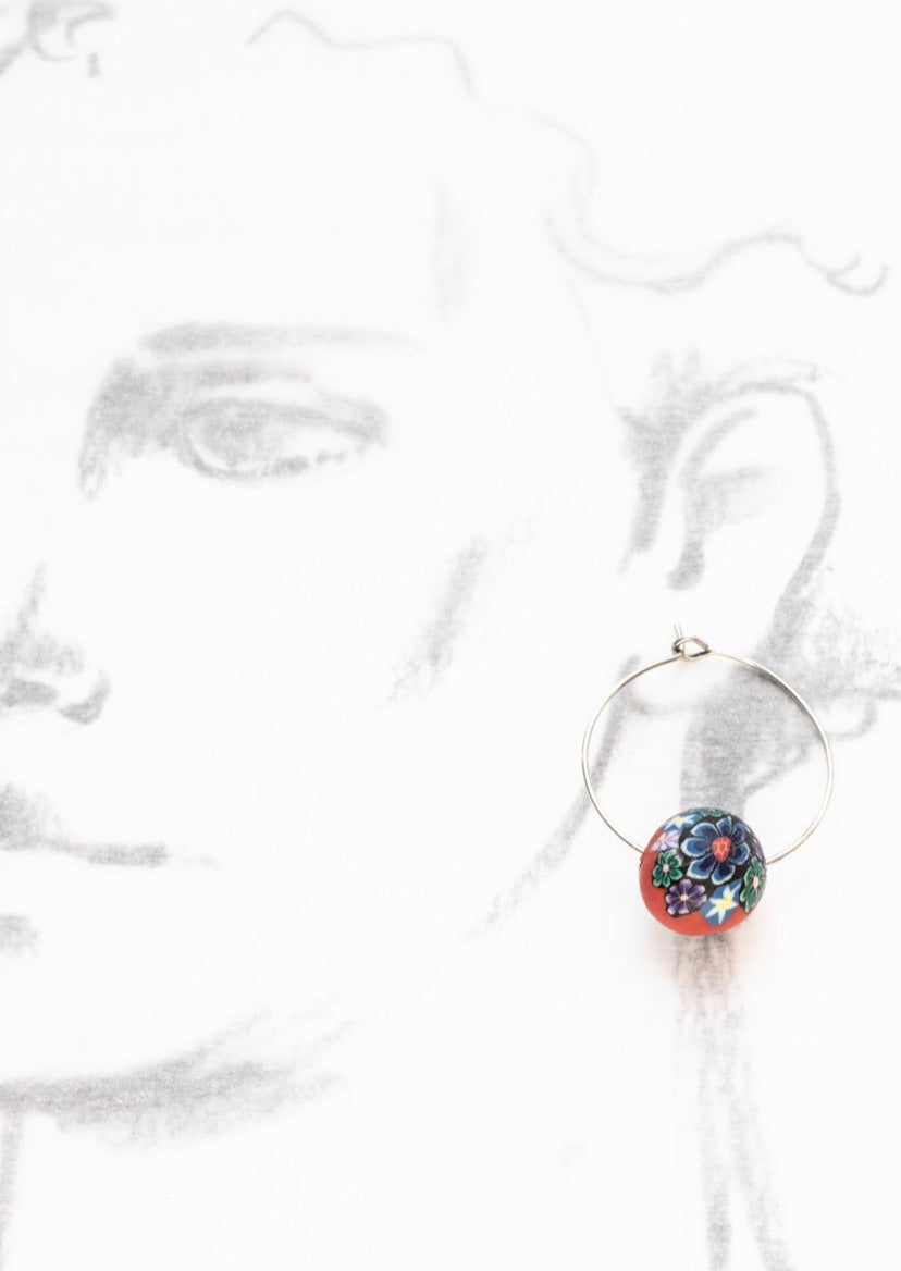 Little Treats, Flowers Silver Hoop Earrings with Red & Blue Flowers on Polymer Clay Beads