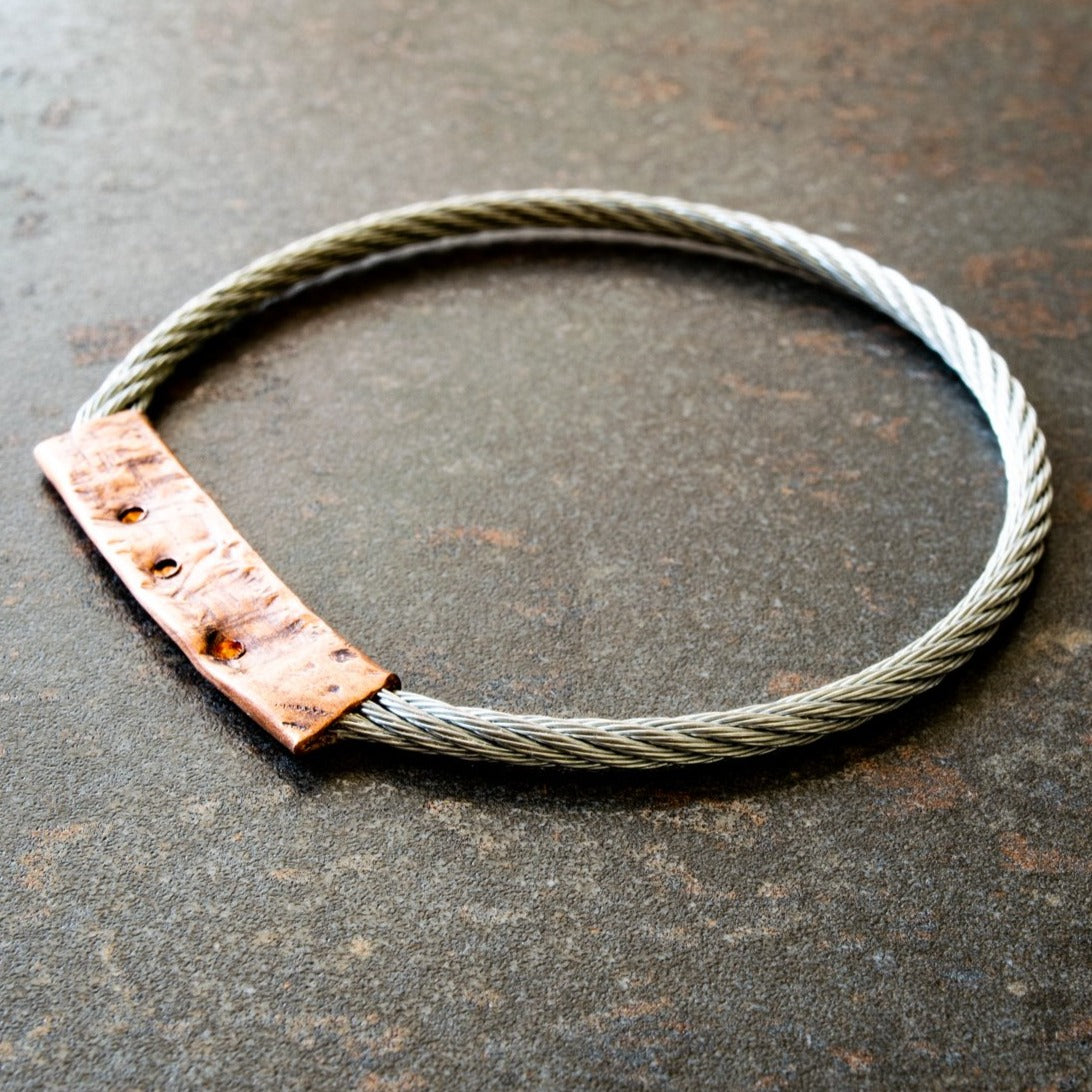 Cable Ties, Twisted Steel Cable Unisex Bracelet with Pounded Copper