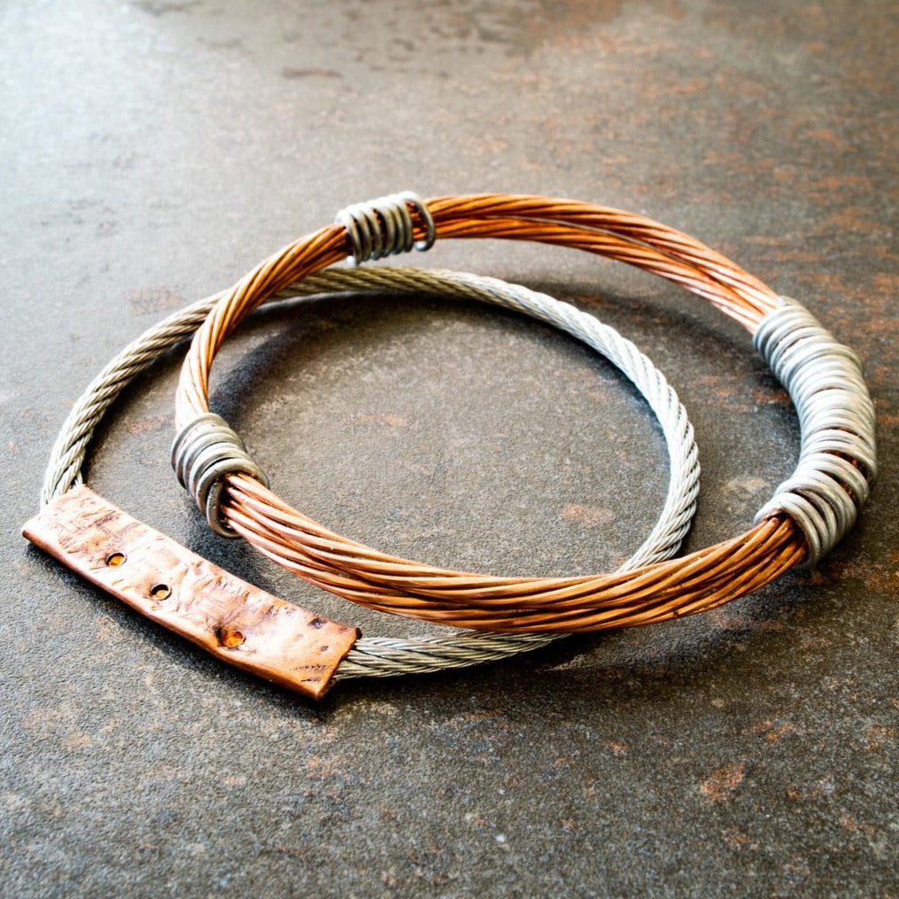 Cable Ties, Twisted Steel Cable Unisex Bracelet with Pounded Copper