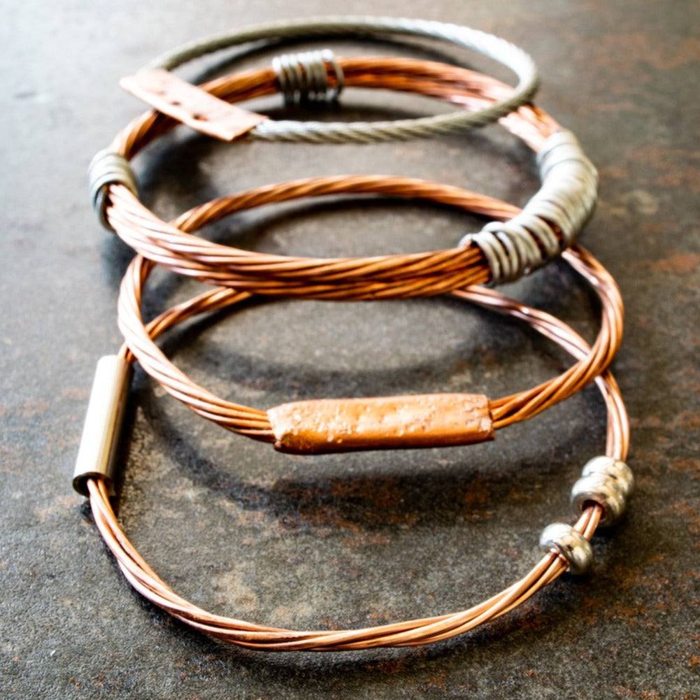 Cable Ties, Twisted Steel Cable Unisex Bracelet with Pounded Copper