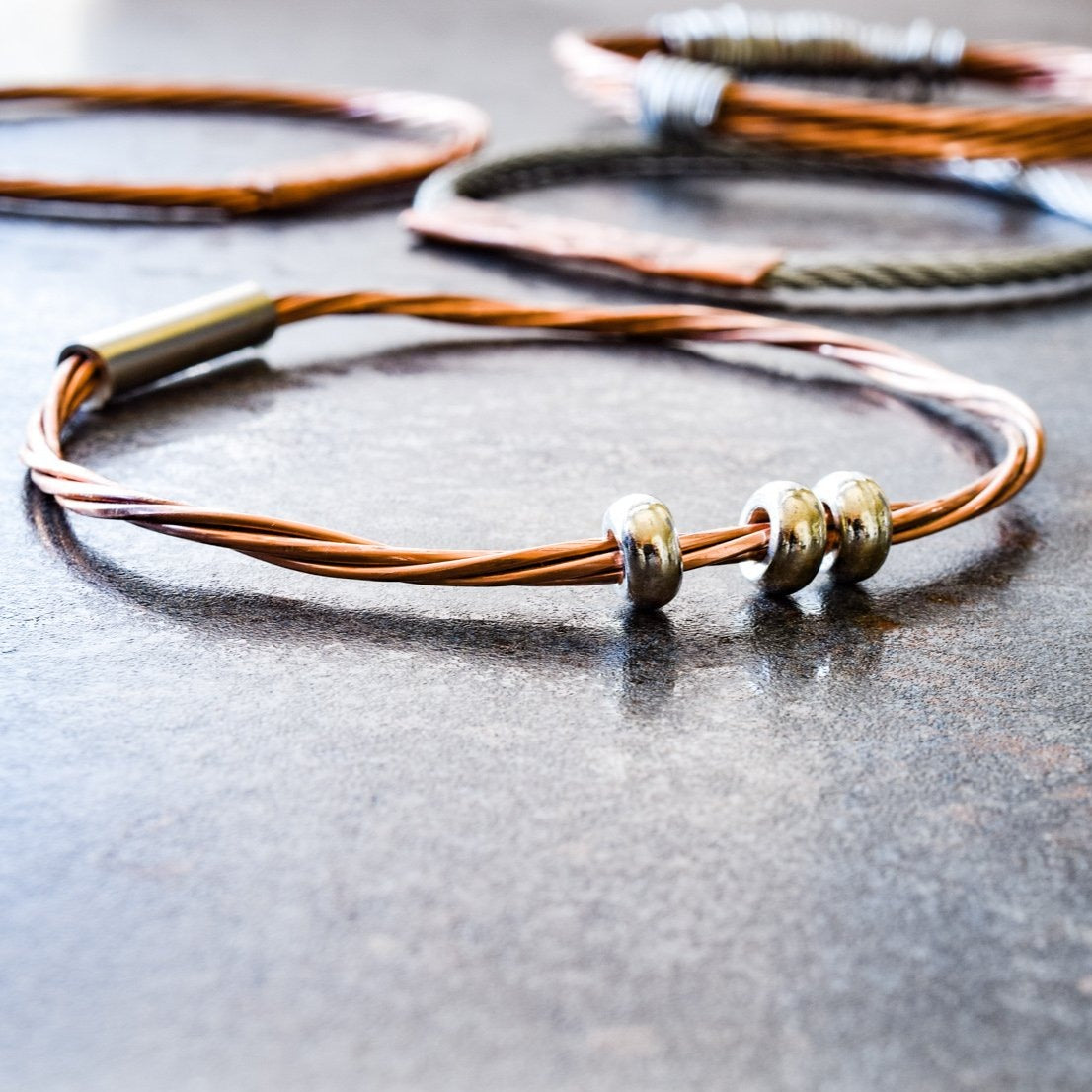 Cable Ties, Copper Twist Bracelet with three Steel Beads and Tube