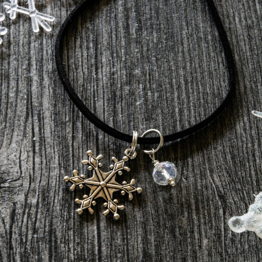 Holidays, Let It Snow - Faux Leather Necklace with a Silver Snowflake, Crystal, and Bumblebee