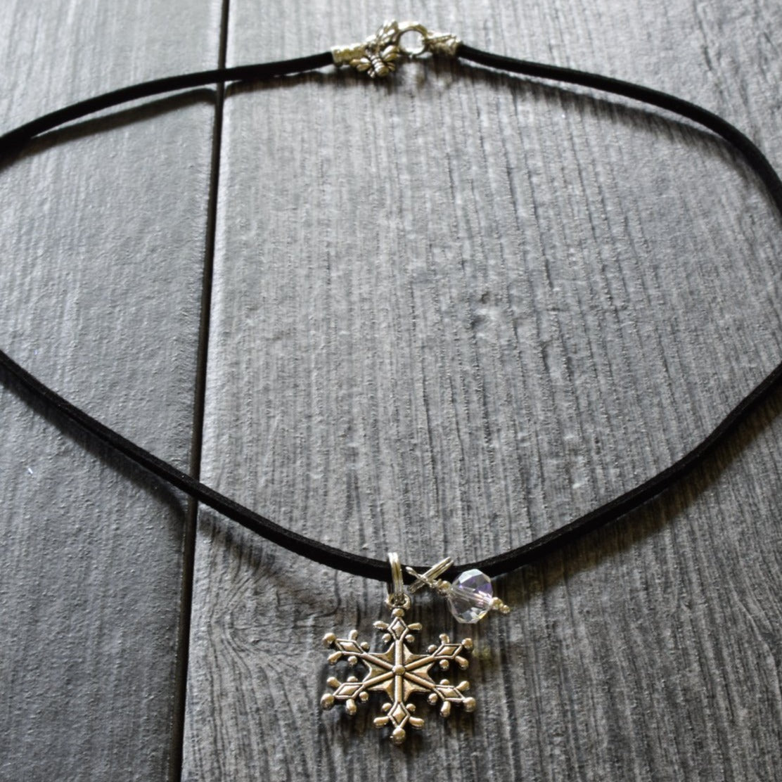 Holidays, Let It Snow - Faux Leather Necklace with a Silver Snowflake, Crystal, and Bumblebee