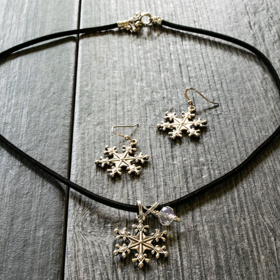 Holidays, Let It Snow - Faux Leather Necklace with a Silver Snowflake, Crystal, and Bumblebee