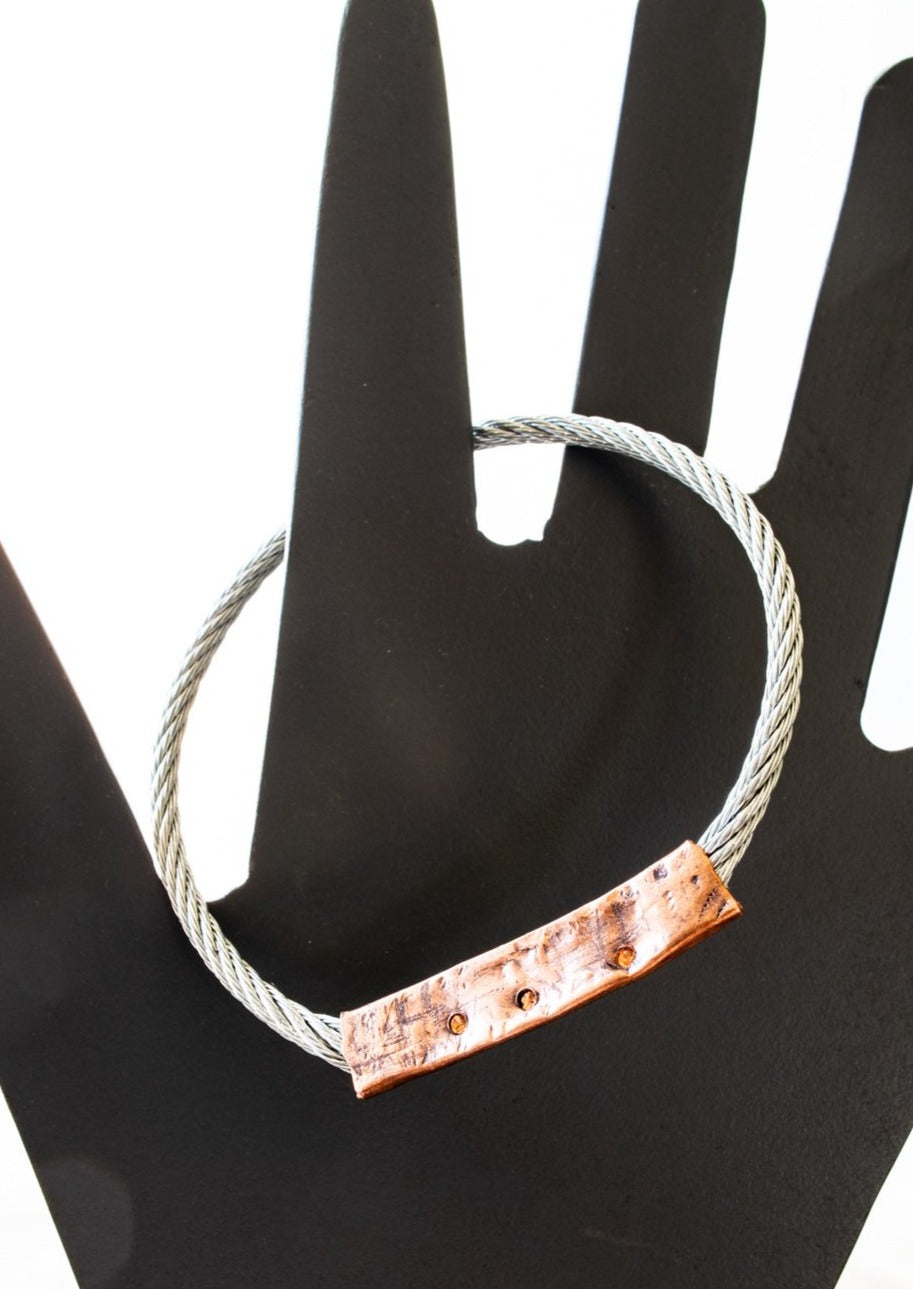 Cable Ties, Twisted Steel Cable Unisex Bracelet with Pounded Copper