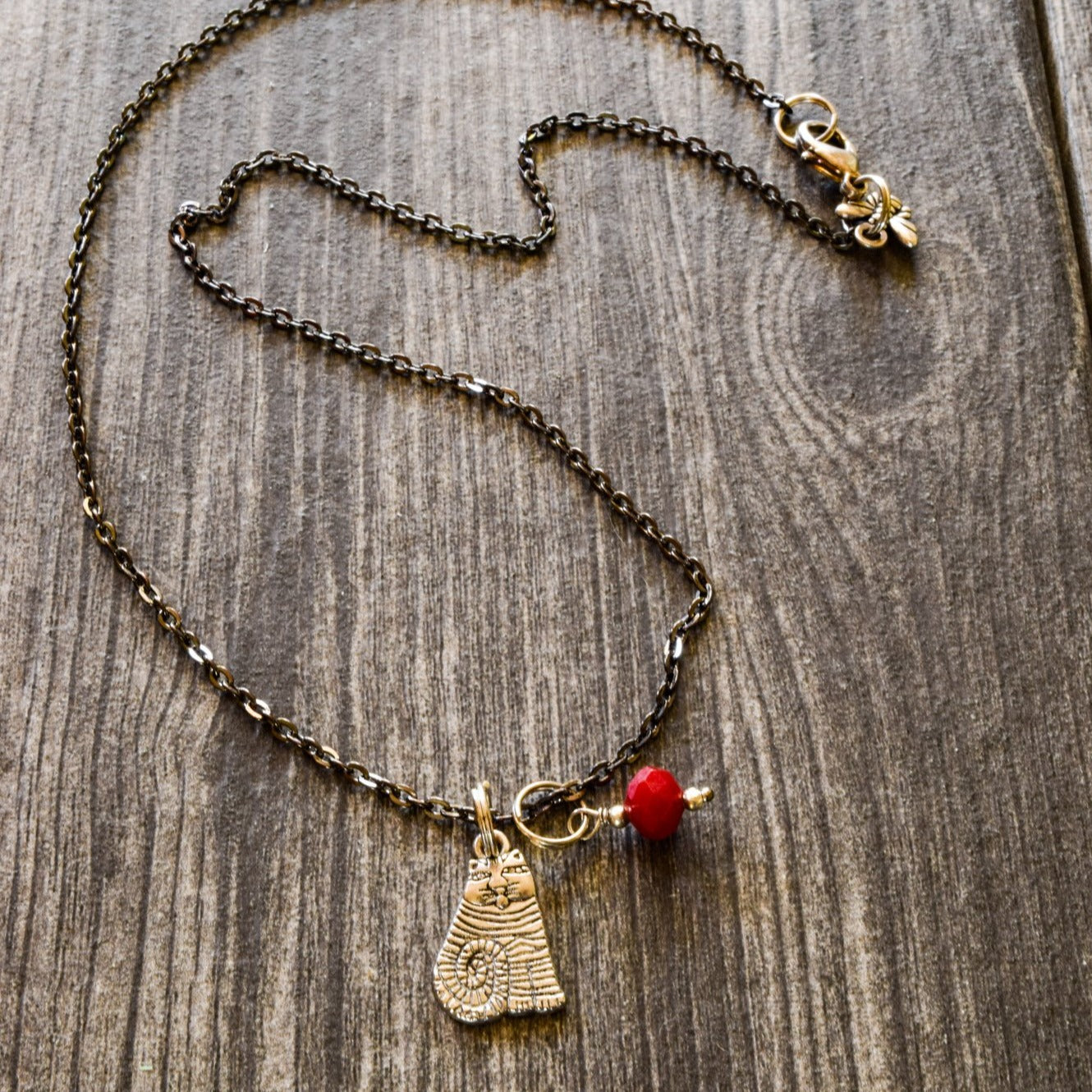 Little Treats, Fat Cat Antiqued Steel Chain Necklace with a Silver Cat Charm and Red Crystal