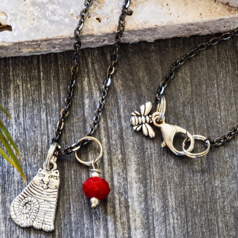 Little Treats, Fat Cat Antiqued Steel Chain Necklace with a Silver Cat Charm and Red Crystal