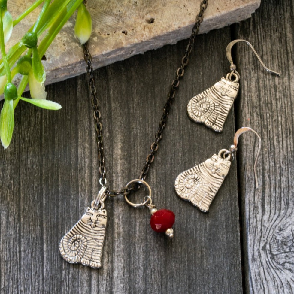 Little Treats, Fat Cat Antiqued Steel Chain Necklace with a Silver Cat Charm and Red Crystal