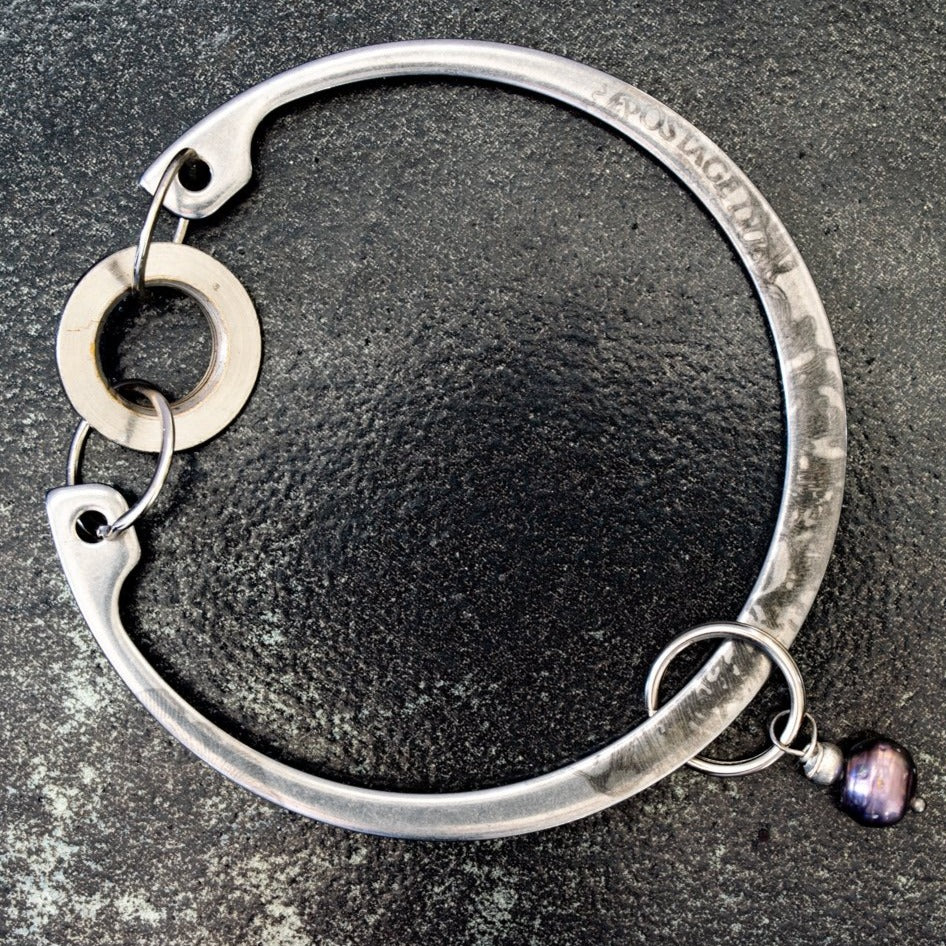 Impressions, Industrial Steel Bracelet with a Prussian Blue Pearl Bangle