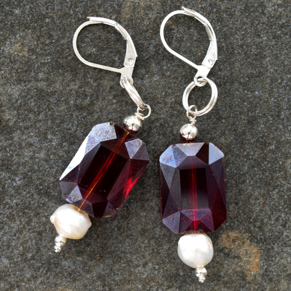 Basics, Ruby Red Crystal and Pearl Dangle Earrings