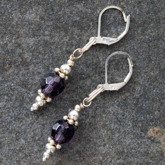 Basics, Dangle Earrings with Amethyst Crystal Dangles on Lever-Back Hoops