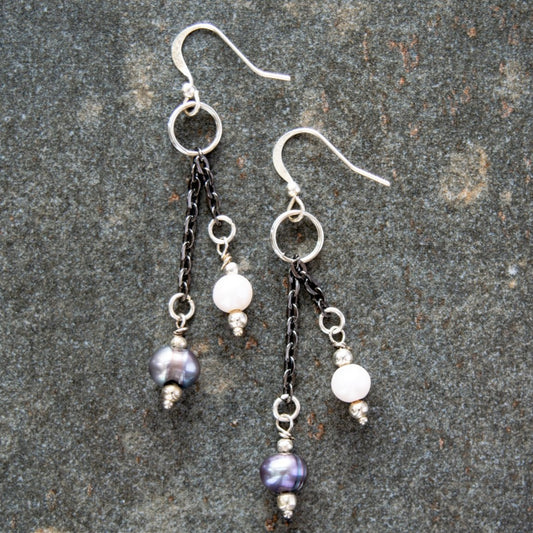 Basics, Prussian Blue and White Fresh-Water Pearl Dangle Earrings on Gun Metal Chain