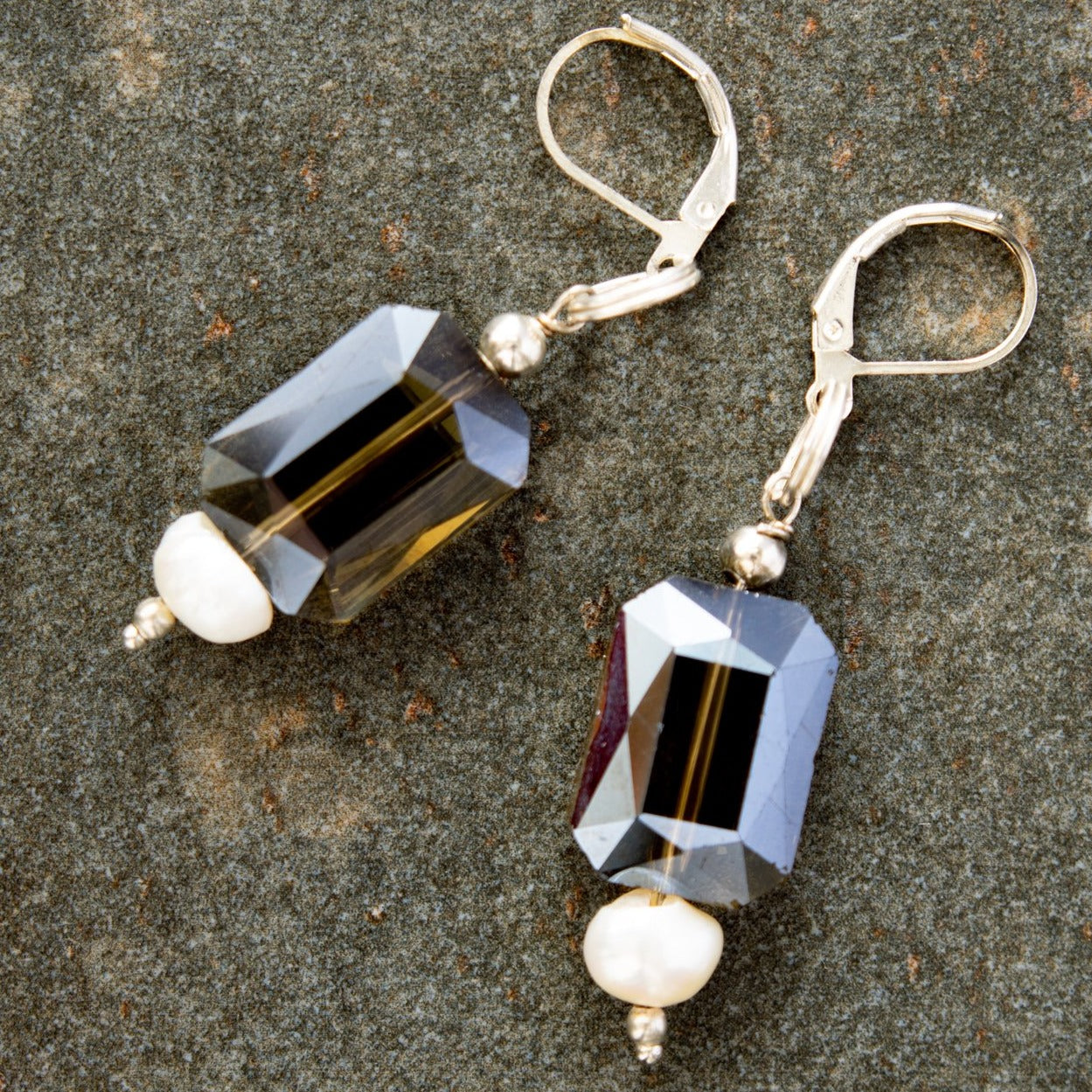 Basics, Dangle Earrings with large Amber Smokey Brown Crystals and Fresh Water Pearls