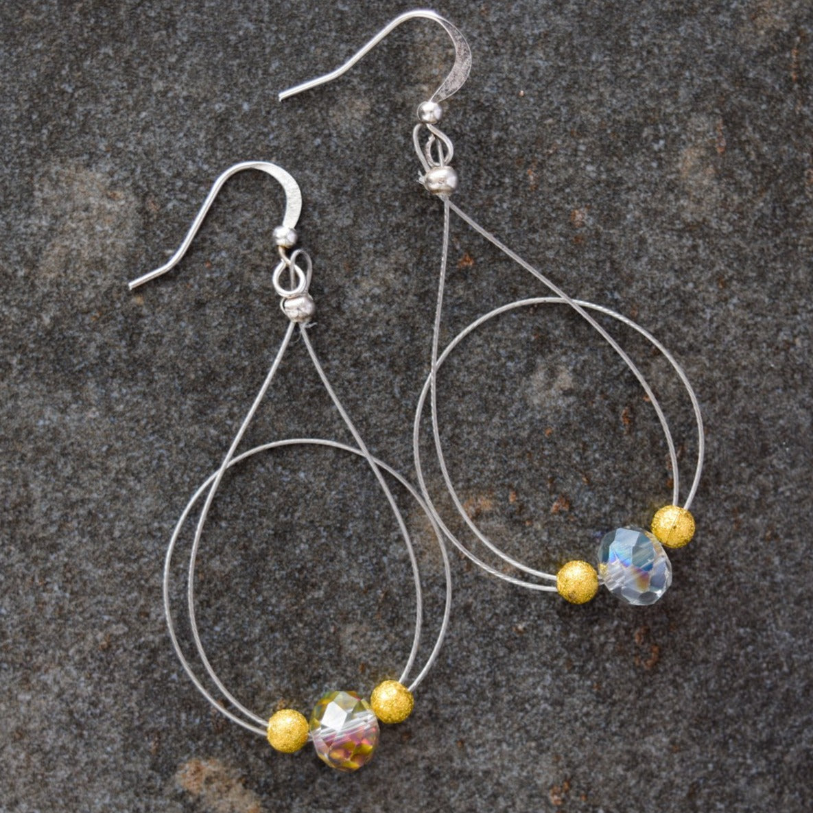 Basics, Loop-de-Loop Earrings with Steel Wire and Faceted Crystal Beads and Gold Accents