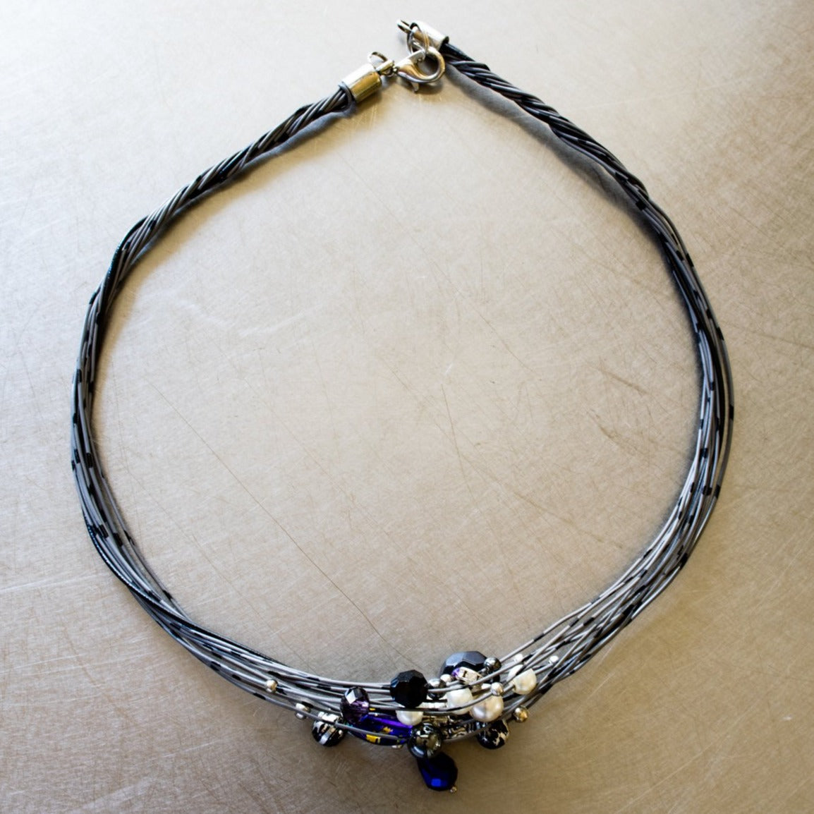 Strands, Slate and Violet Wire Necklace with Beads