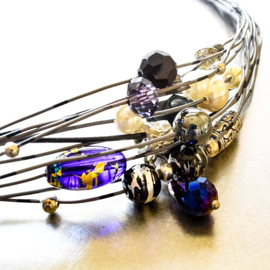 Strands, Slate and Violet Wire Necklace with Beads