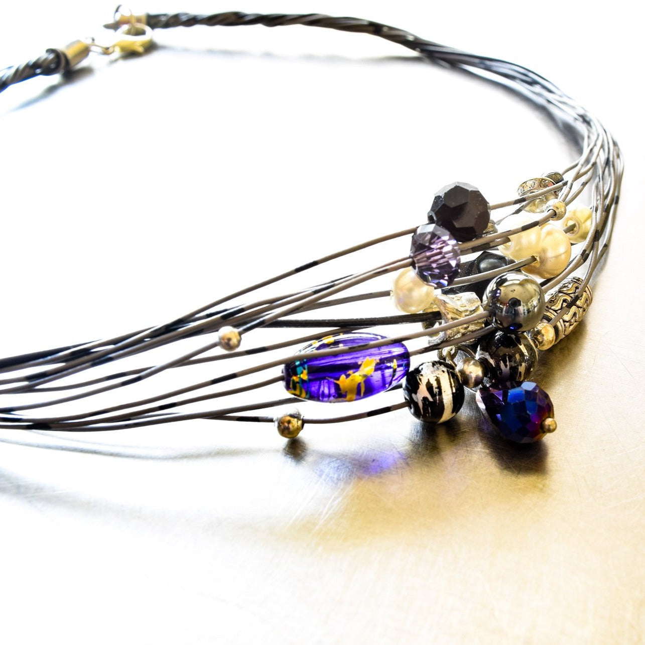 Strands, Slate and Violet Wire Necklace with Beads