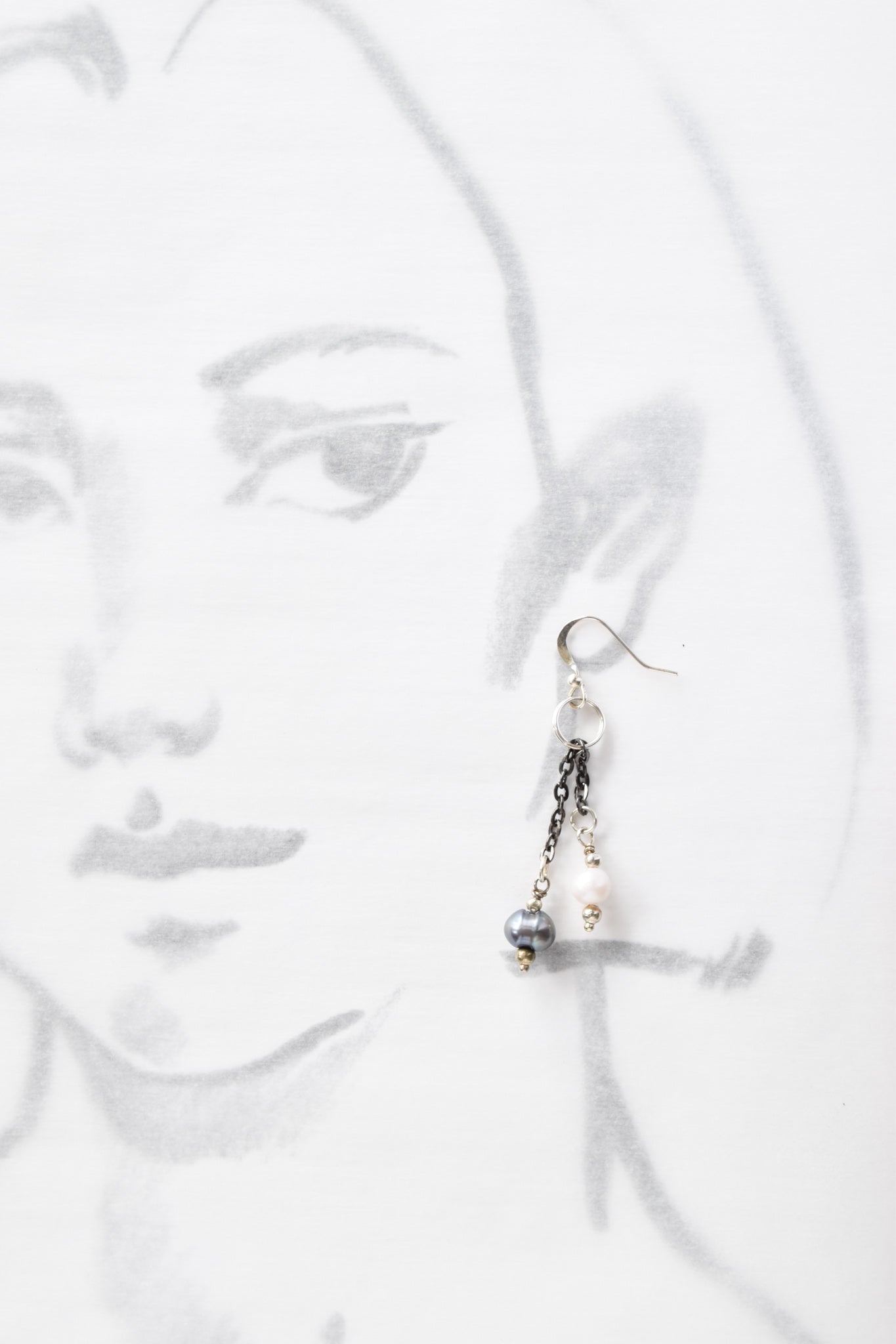 Basics, Prussian Blue and White Fresh-Water Pearl Dangle Earrings on Gun Metal Chain