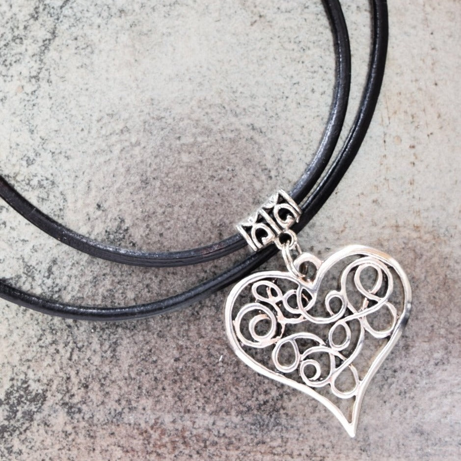 Wonderful Things, Filigree Scribble Heart Adjustable Leather Necklace