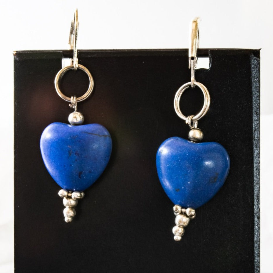 Simplicity, Dangle Earrings with Blue Howlite Heart Shaped Stones