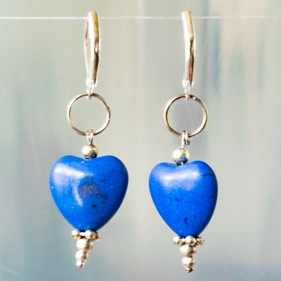 Simplicity, Dangle Earrings with Blue Howlite Heart Shaped Stones