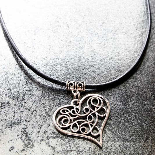 Wonderful Things, Filigree Scribble Heart Adjustable Leather Necklace