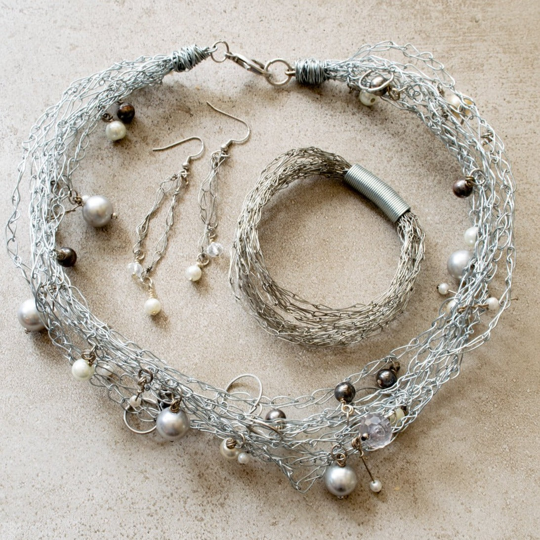 Rain Drops, Woven Steel Necklace with Clear, White, Silver, and Gray Beads