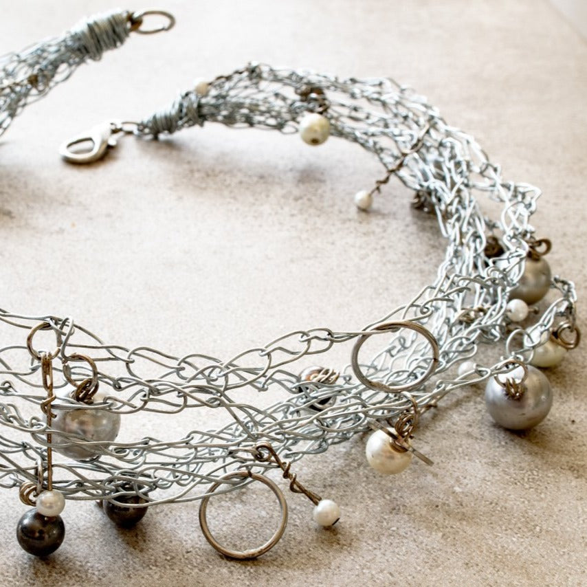 Rain Drops, Woven Steel Necklace with Clear, White, Silver, and Gray Beads